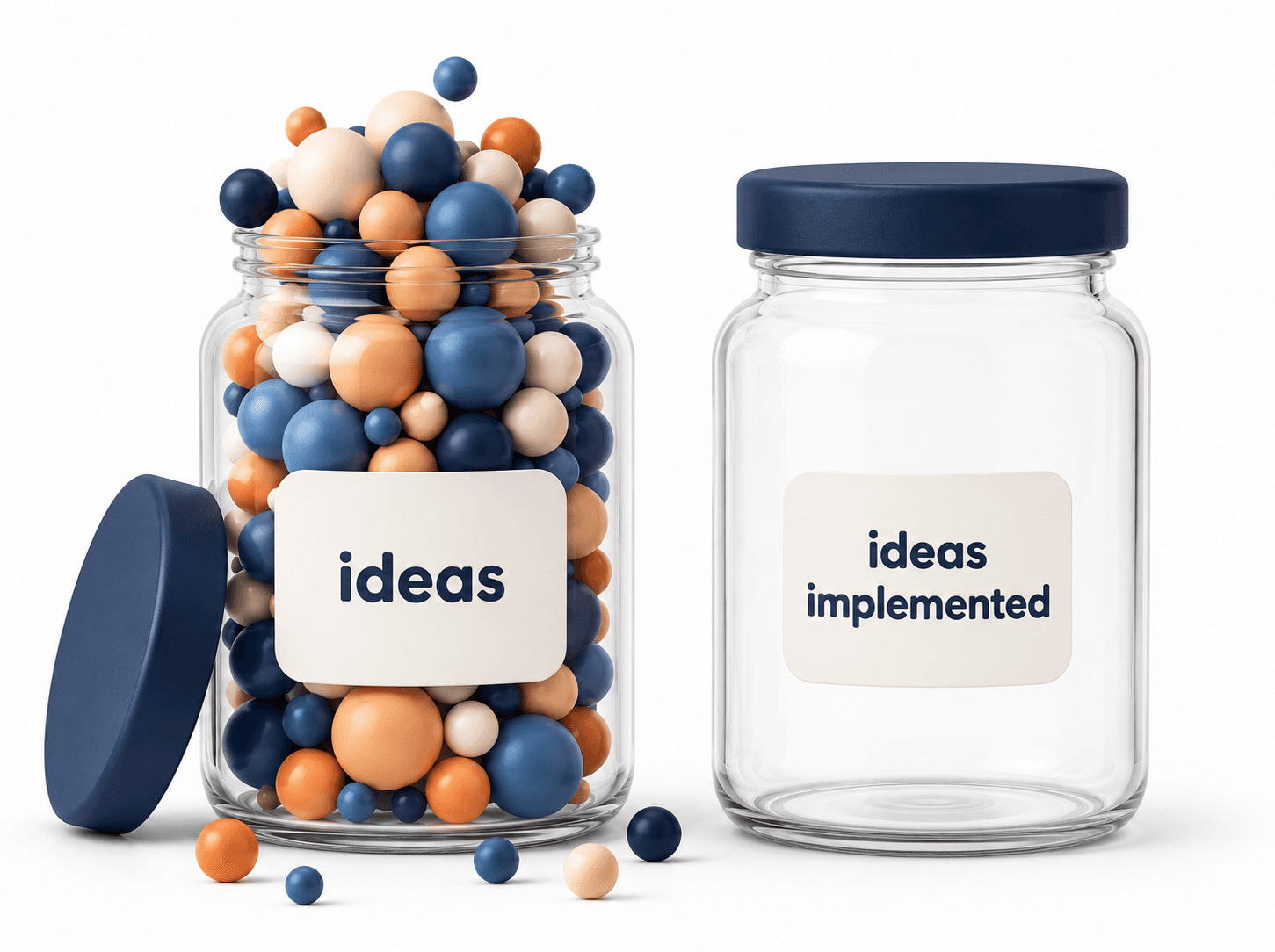 A jar full of ideas beside an empty jar labelled ideas implemented